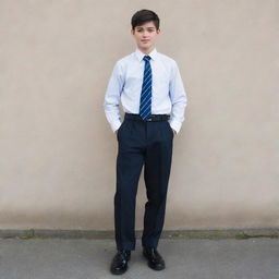 A 16-year-old boy with dark hair dressed in a primary school uniform: black shoes, dark blue socks, gray trousers, a black belt, and a white shirt with a dark blue tie.