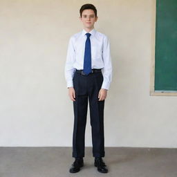 A 16-year-old boy with dark hair dressed in a primary school uniform: black shoes, dark blue socks, gray trousers, a black belt, and a white shirt with a dark blue tie.