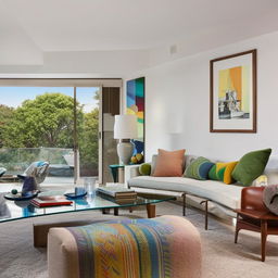 A spacious, modern living room bathed in natural light, with tastefully arranged furniture, colorful cushions, a broad glass coffee table, and framed artwork on the walls.