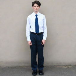 A 16-year-old boy with dark hair dressed in a primary school uniform: black shoes, dark blue socks, gray trousers, a black belt, and a white shirt with a dark blue tie.