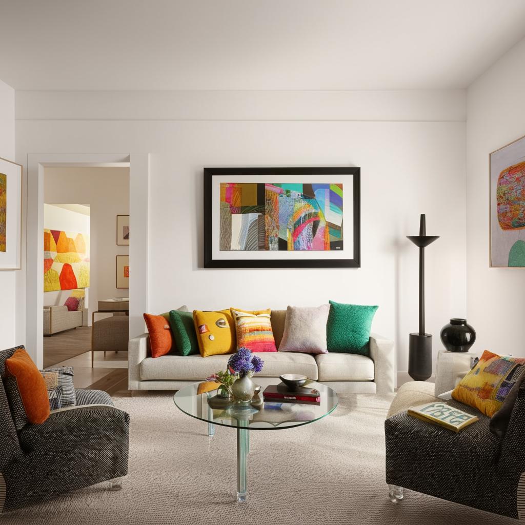 A spacious, modern living room bathed in natural light, with tastefully arranged furniture, colorful cushions, a broad glass coffee table, and framed artwork on the walls.