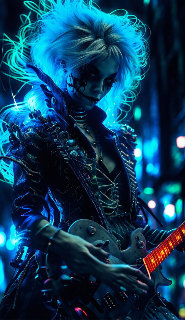 Ultra close-up cinematic photograph of a spectral figure embodying 'ghostpunk', with electric blue eyes, neon-streaked hair, ghostly Victorian-punk attire, and a spectral guitar against a blurred dystopian cityscape.