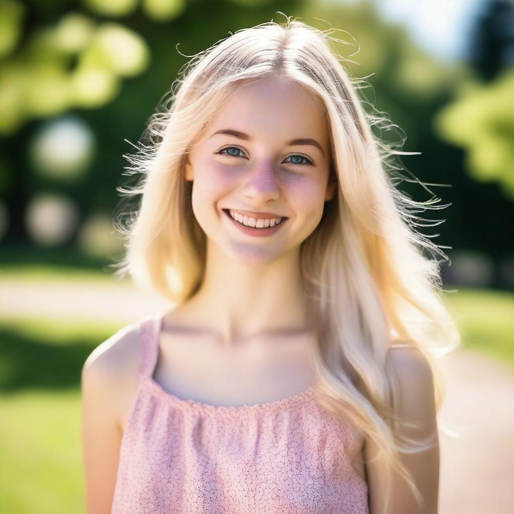 Create an image of a beautiful, blonde 18-year-old girl