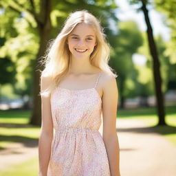 Create an image of a beautiful, blonde 18-year-old girl