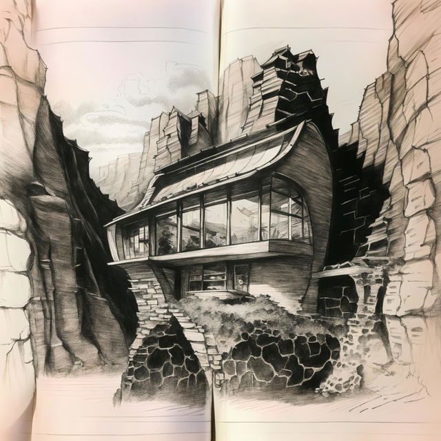 Loose, hand-drawn monochrome ink pen sketch with sketchy lines of a curvaceous glass house, intricately detailed, carved into the canyon wall.