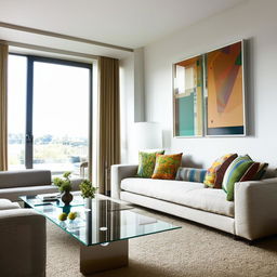 A spacious, modern living room bathed in natural light, with tastefully arranged furniture, colorful cushions, a broad glass coffee table, and framed artwork on the walls.