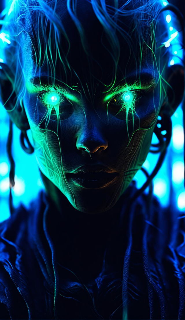 Ultra close-up cinematic photograph of a beautiful spectre's face with electric blue eyes, neon-streaked hair, and glowing skin against a blurred dystopian cityscape.