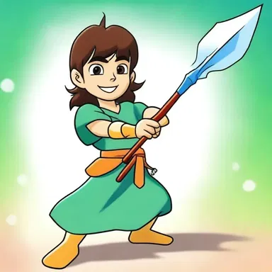 The animated character confidently wielded a magical spear to save the day in the cartoon series.