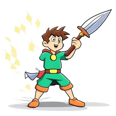 The animated character confidently wielded a magical spear to save the day in the cartoon series.