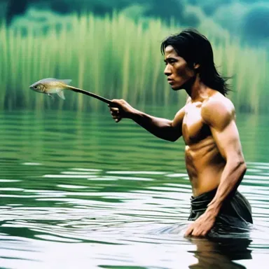 The action-packed movie featured a thrilling scene where the protagonist skillfully used a spear to catch fish in a time of desperation.