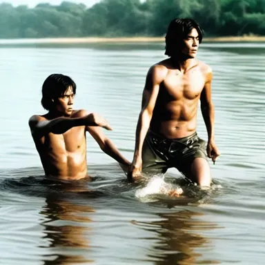 The action-packed movie featured a thrilling scene where the protagonist skillfully used a spear to catch fish in a time of desperation.