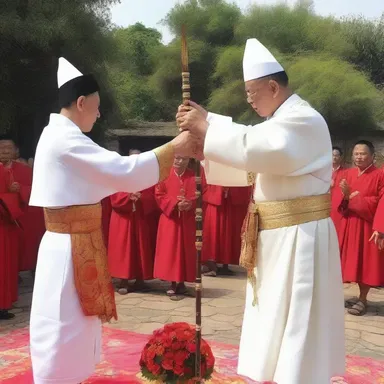 During the religious ceremony, the priest speared up a sacred object to offer it to the gods.