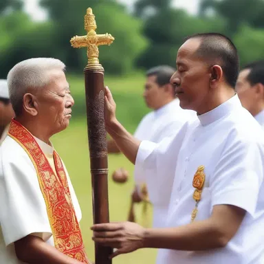 During the religious ceremony, the priest speared up a sacred object to offer it to the gods.