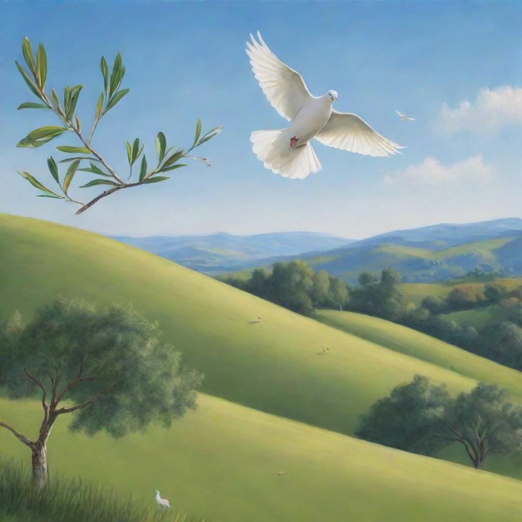 A serene landscape of verdant green hills under a clear blue sky, with a white dove soaring above, carrying an olive branch in its beak, and children of diverse backgrounds playing in harmony.