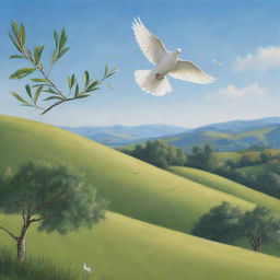 A serene landscape of verdant green hills under a clear blue sky, with a white dove soaring above, carrying an olive branch in its beak, and children of diverse backgrounds playing in harmony.