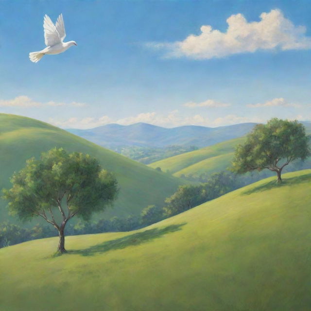 A serene landscape of verdant green hills under a clear blue sky, with a white dove soaring above, carrying an olive branch in its beak, and children of diverse backgrounds playing in harmony.