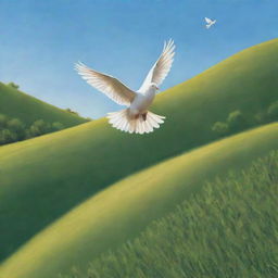 A serene landscape of verdant green hills under a clear blue sky, with a white dove soaring above, carrying an olive branch in its beak, and children of diverse backgrounds playing in harmony.