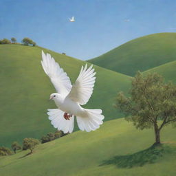 A serene landscape of verdant green hills under a clear blue sky, with a white dove soaring above, carrying an olive branch in its beak, and children of diverse backgrounds playing in harmony.