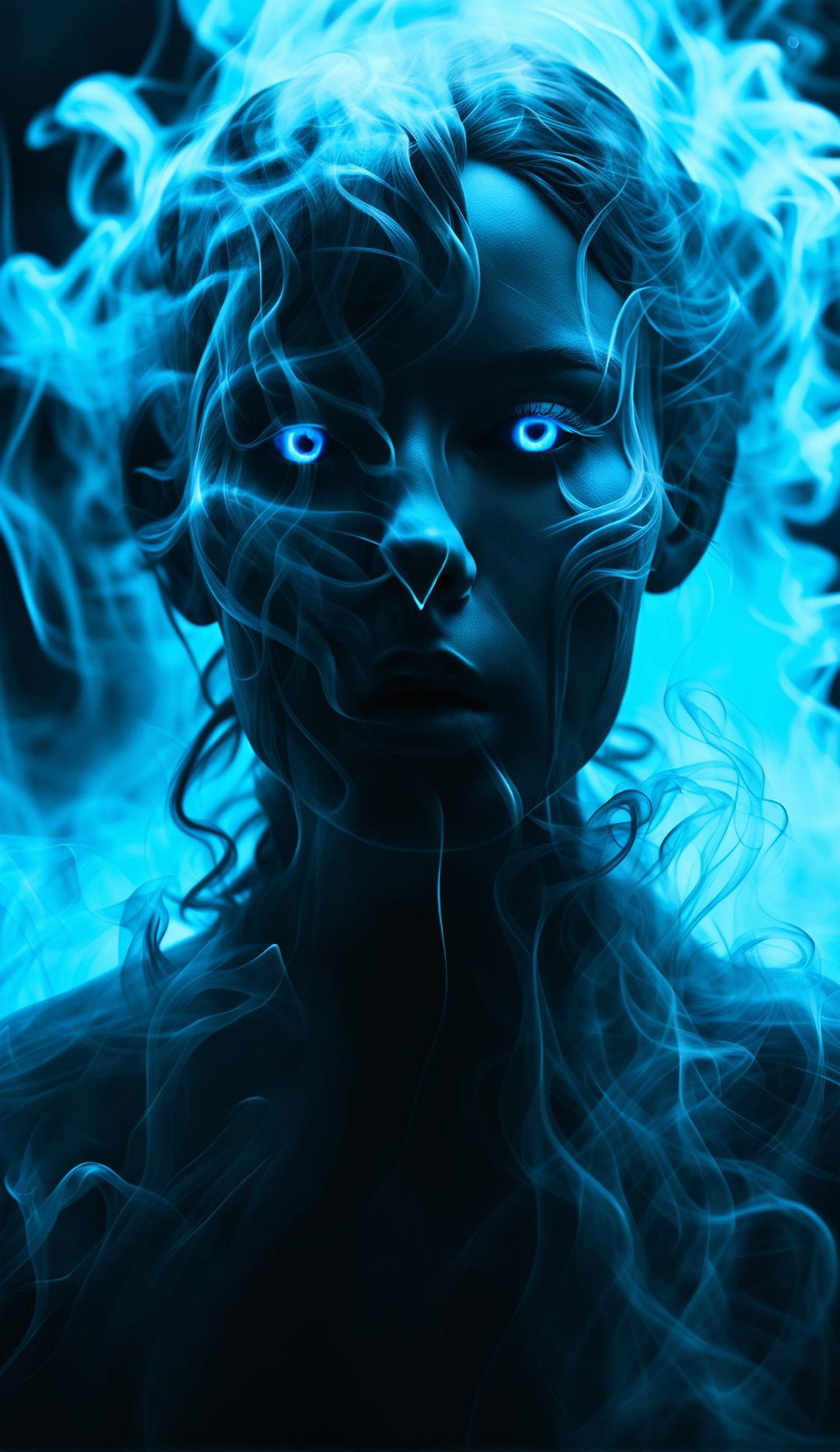 Ultra close-up cinematic photograph of a beautiful spectre's face, formed entirely out of smoke, with electric blue eyes and neon-streaked hair against a blurred dystopian cityscape.