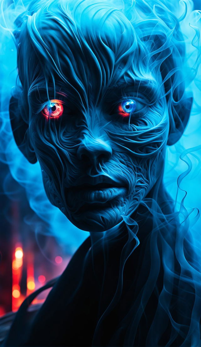 Ultra close-up cinematic photograph of an intricately detailed spectre's face, formed entirely out of smoke, with electric blue eyes and neon-streaked hair against a blurred dystopian cityscape.