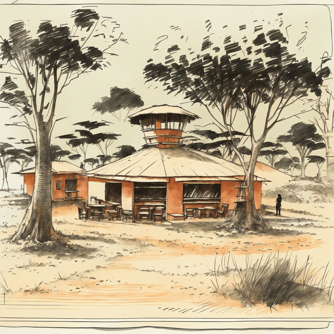 A concept sketch of an outdoor classroom in Kenya, blending traditional and modern design elements in a lush landscape with acacia trees and rolling hills.