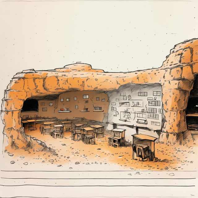 A concept sketch of an outdoor classroom in Kenya, ingeniously designed within a cave with holes opening up to the sky.