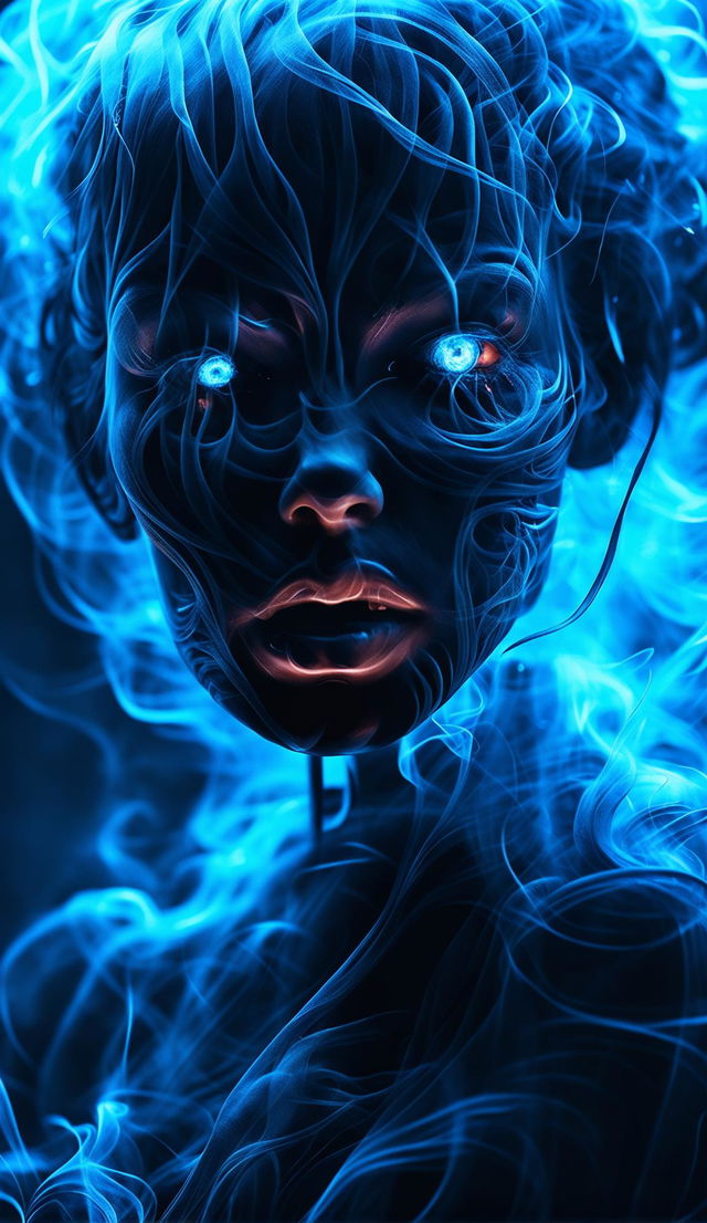 Ultra close-up cinematic photograph of the most beautiful ghost woman ever seen, her face intricately formed from smoke, with electric blue eyes and neon-streaked hair against a blurred dystopian cityscape.