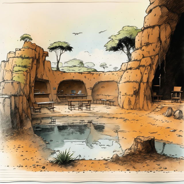 A concept sketch of an outdoor classroom in Kenya, located within a cave near a pond, adorned with jungle vines.