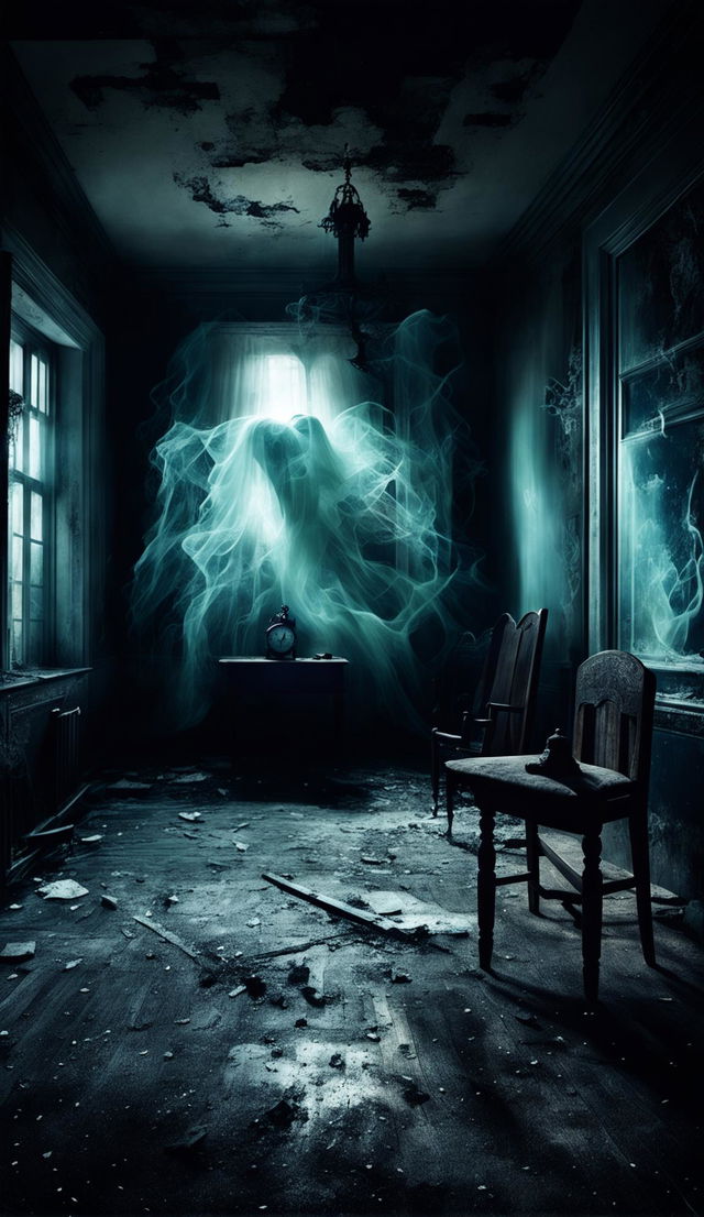 A hauntingly beautiful 8K digital art image featuring a dilapidated room filled with antique relics and a spectral entity.