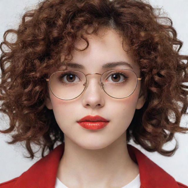 Anime-style girl from the nineties with dark coppery curly hair, brown eyes, red glasses, and white skin.