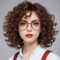 Anime-style girl from the nineties with dark coppery curly hair, brown eyes, red glasses, and white skin.