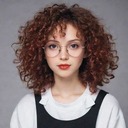 Anime-style girl from the nineties with dark coppery curly hair, brown eyes, red glasses, and white skin.