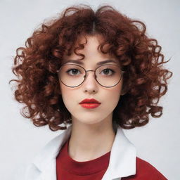 Anime-style girl from the nineties with dark coppery curly hair, brown eyes, red glasses, and white skin.