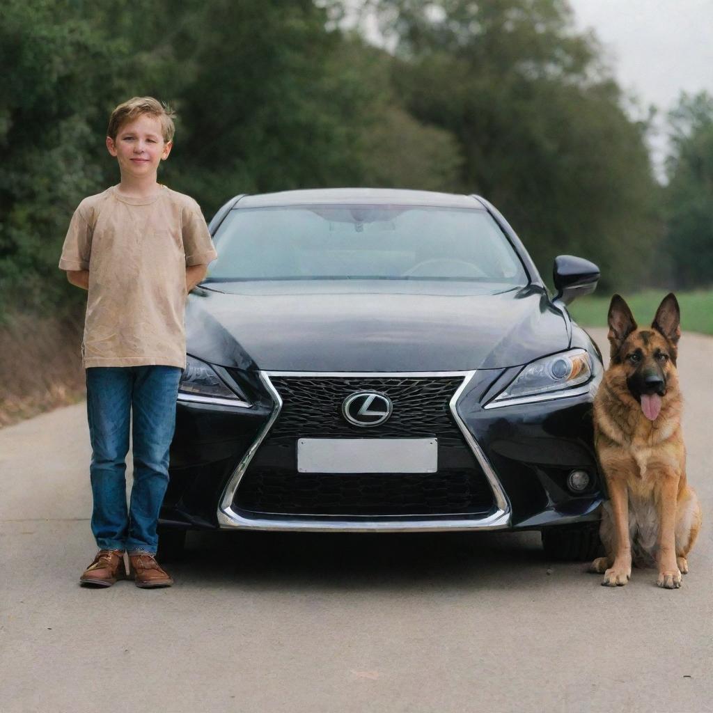 A young boy standing behind a luxurious Lexus 579, and a German Shepherd dog beside him