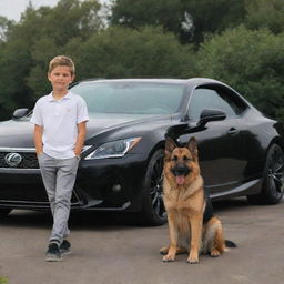 A young boy standing behind a luxurious Lexus 579, and a German Shepherd dog beside him