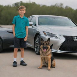 A young boy standing behind a luxurious Lexus 579, and a German Shepherd dog beside him