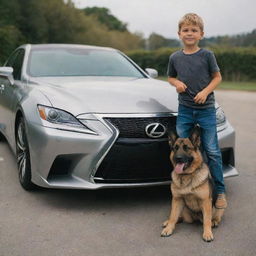 A young boy standing behind a luxurious Lexus 579, and a German Shepherd dog beside him