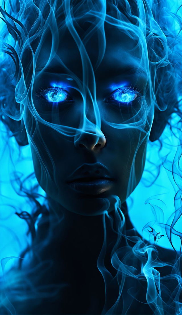 Ultra close-up cinematic photograph of the most beautiful ghost woman ever seen, her face intricately formed from smoke, with perfect electric blue eyes and neon-streaked hair against a blurred dystopian cityscape.