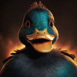 Generate an image of the angriest, meanest duck in the entire galaxy, with fiery eyes, sharp beak, ruffled, dark feathers and a foreboding aura emanating a strong presence.