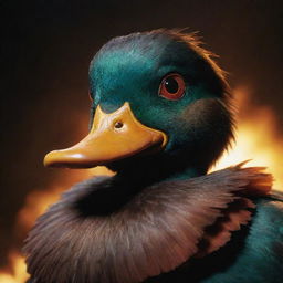 Generate an image of the angriest, meanest duck in the entire galaxy, with fiery eyes, sharp beak, ruffled, dark feathers and a foreboding aura emanating a strong presence.