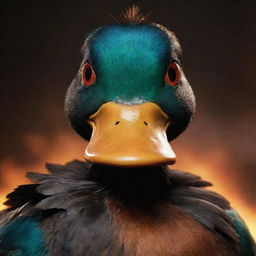 Generate an image of the angriest, meanest duck in the entire galaxy, with fiery eyes, sharp beak, ruffled, dark feathers and a foreboding aura emanating a strong presence.