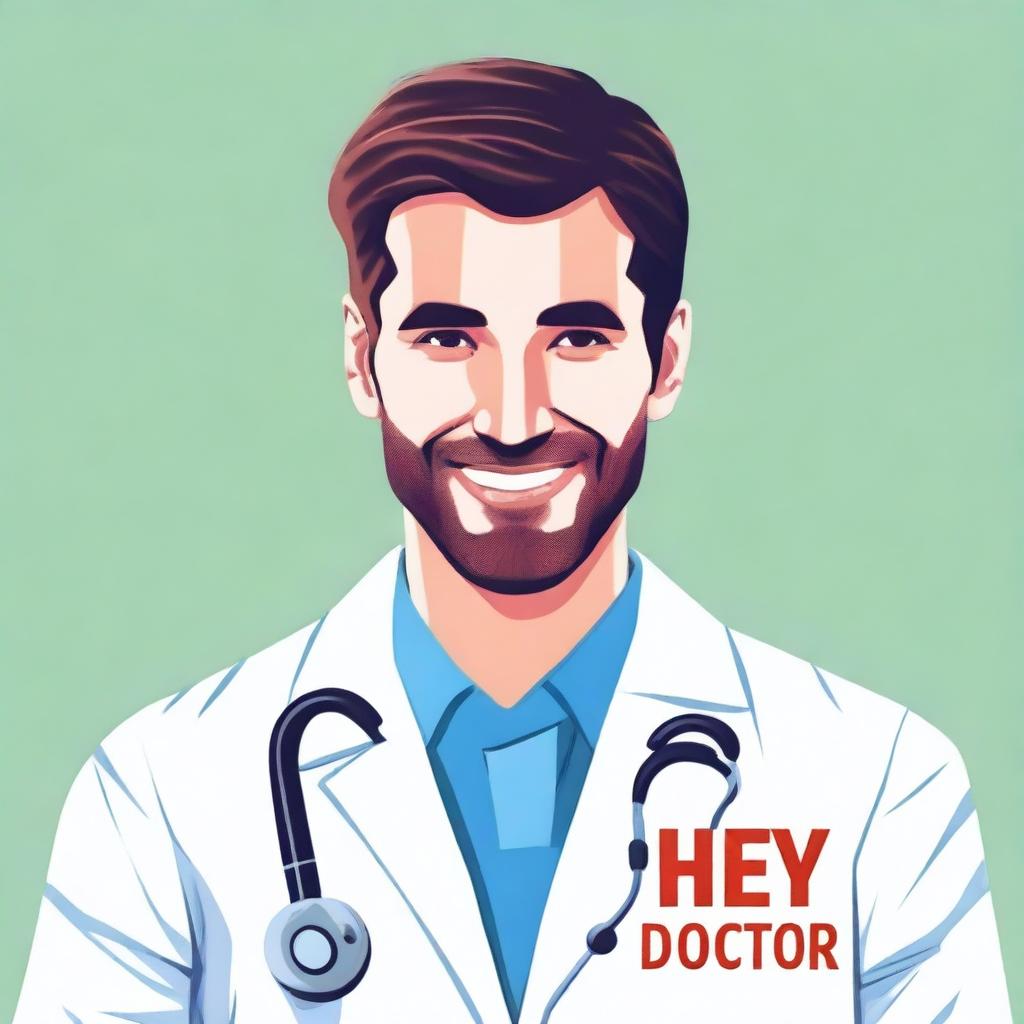 Create a picture of a handsome doctor with a title 'Hey Doctor'.