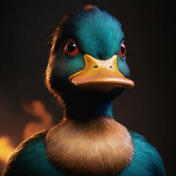 Generate an image of the angriest, meanest duck in the entire galaxy, with fiery eyes, sharp beak, ruffled, dark feathers and a foreboding aura emanating a strong presence.