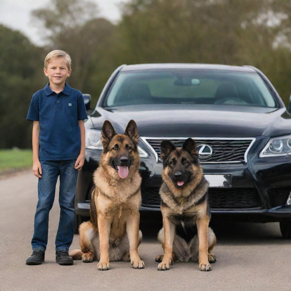 A young boy standing behind a polished Lexus 570 V8, with a confident German Shepherd dog alongside him.