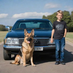 A young boy standing behind a polished Lexus 570 V8, with a confident German Shepherd dog alongside him.