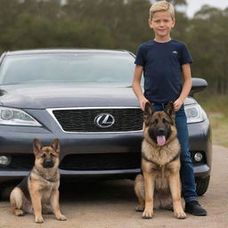 A young boy standing behind a polished Lexus 570 V8, with a confident German Shepherd dog alongside him.