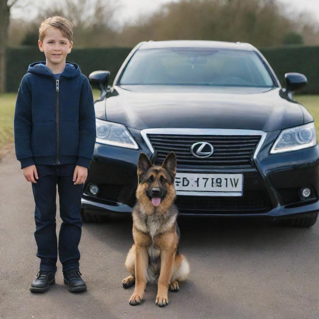 A young boy standing behind a polished Lexus 570 V8, with a confident German Shepherd dog alongside him.