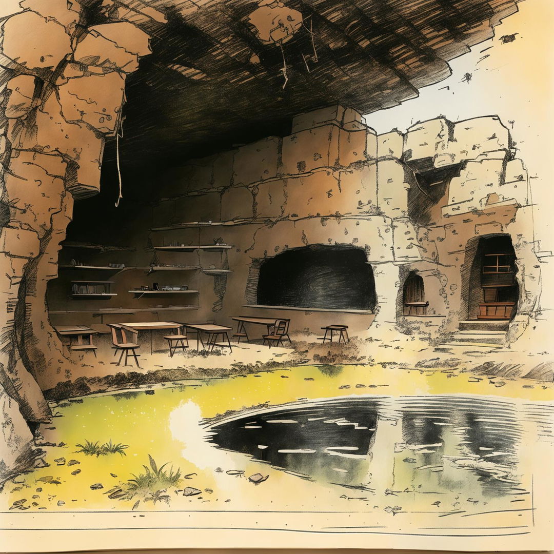 A concept sketch of an underground outdoor classroom in Kenya, located within a cave near a pond, adorned with jungle vines.