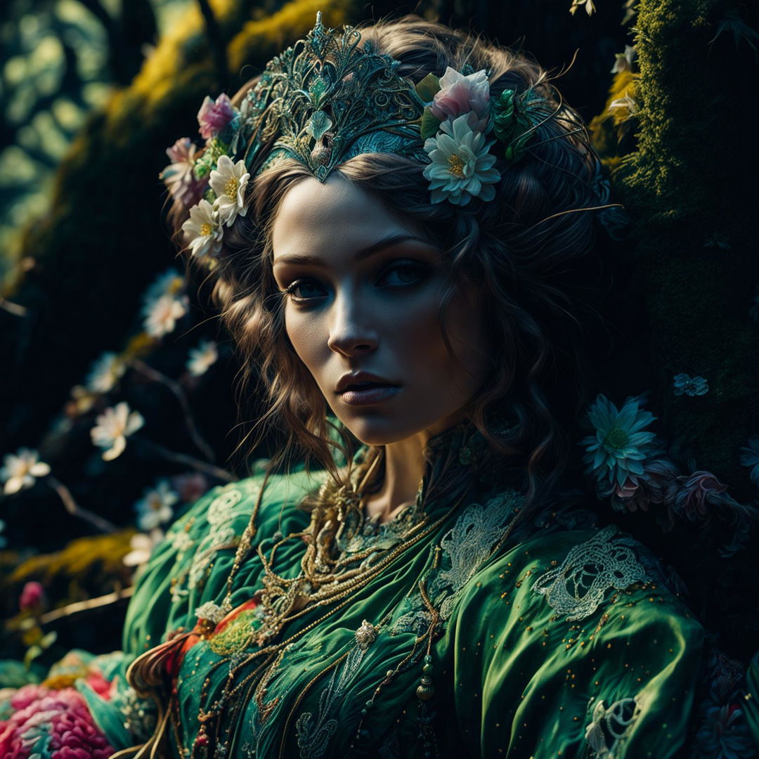 Hyper-realistic 3D rococo photograph of a Russian elf woman in a mystical forest, dressed in a vibrant, detailed gown, surrounded by a vibrant array of flowers. The image is high definition, close-up, and filled with intricate details, exuding fantasy and spirit vibes.