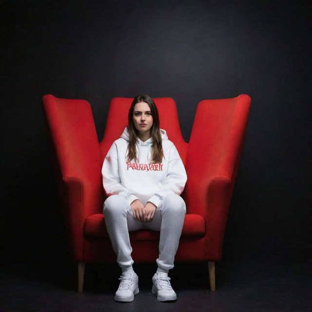 An 18-year-old girl in a white hoodie and sneakers, sitting casually on a wingback chair. She looks forward, with 'Pankaj' displayed in large, red neon letters on a black wall behind her. Render in 3D for a striking profile picture.